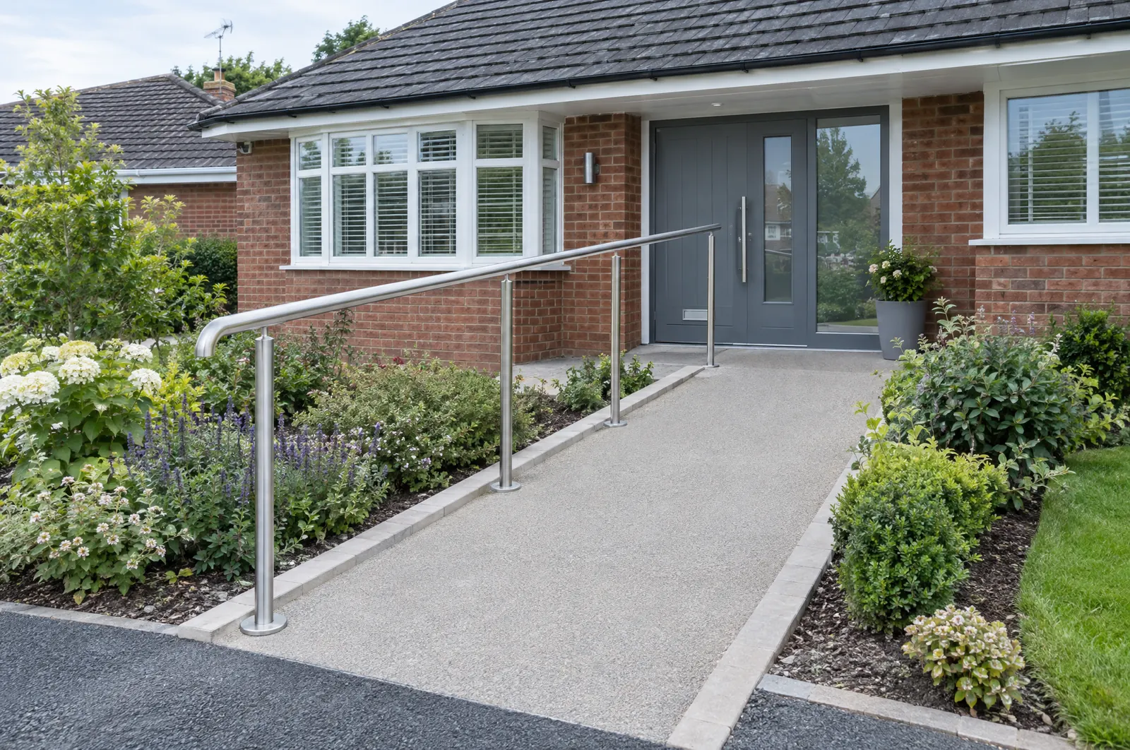 An access ramp leading to the front door of a bungalow
