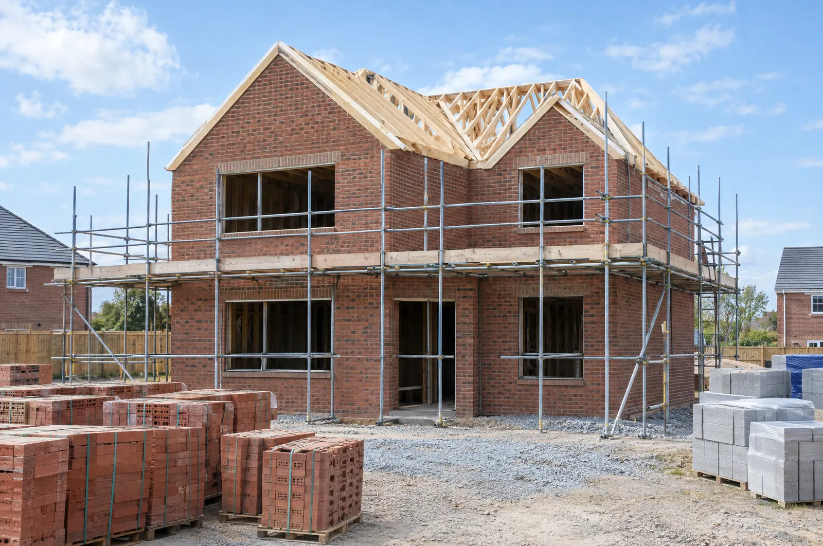 A new-build brick house under construction with scaffolding