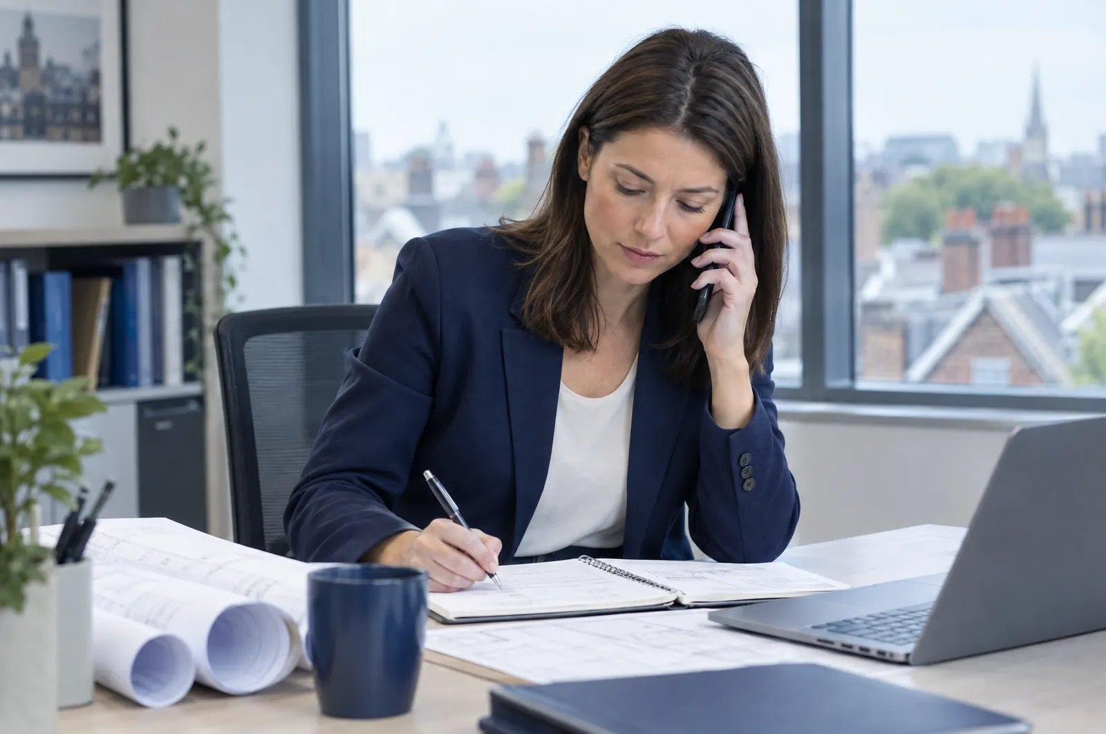 An adviser on a call at a desk with building plans
