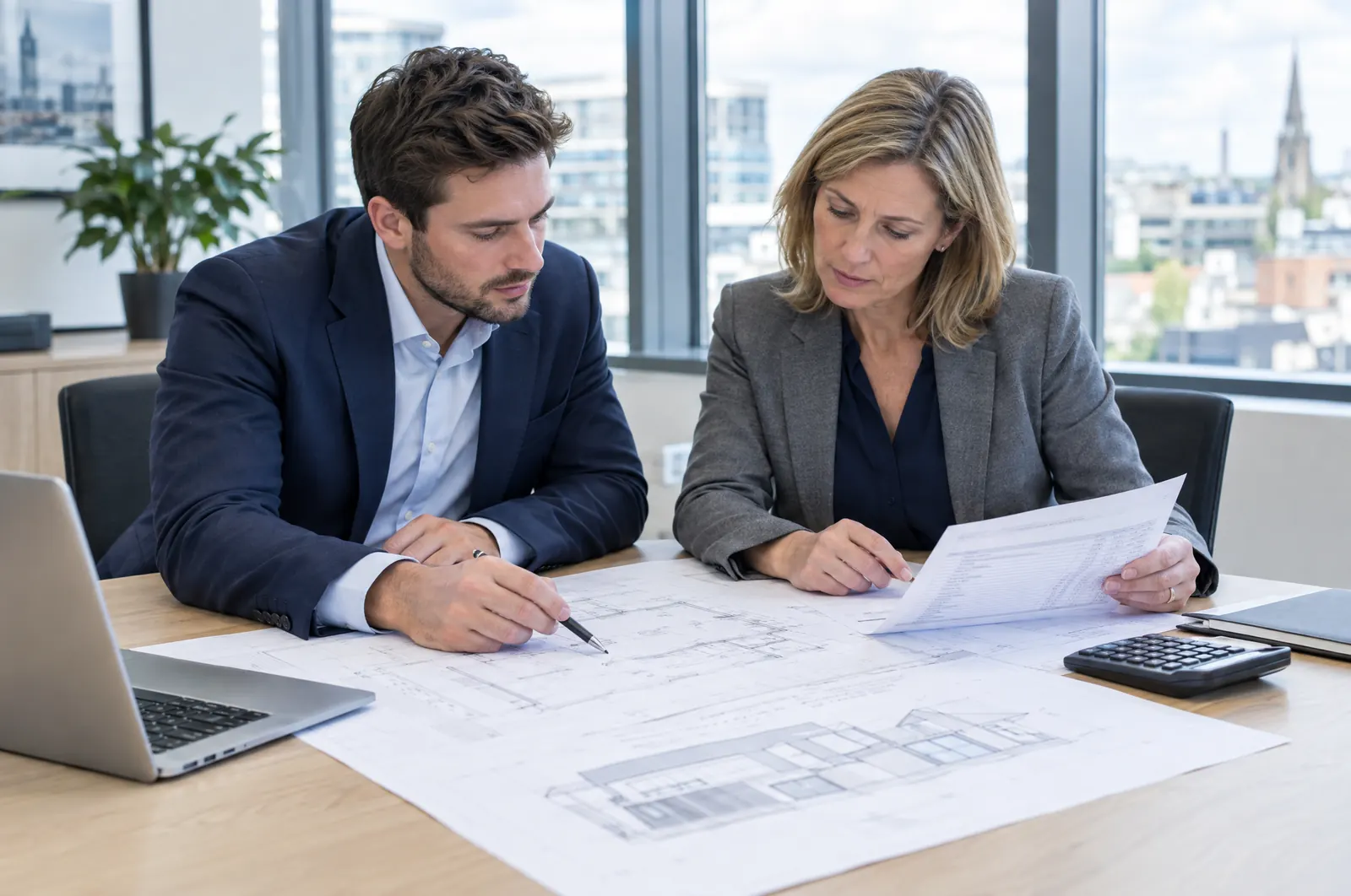 Two advisers reviewing architectural drawings and a builder’s quotation at a meeting table
