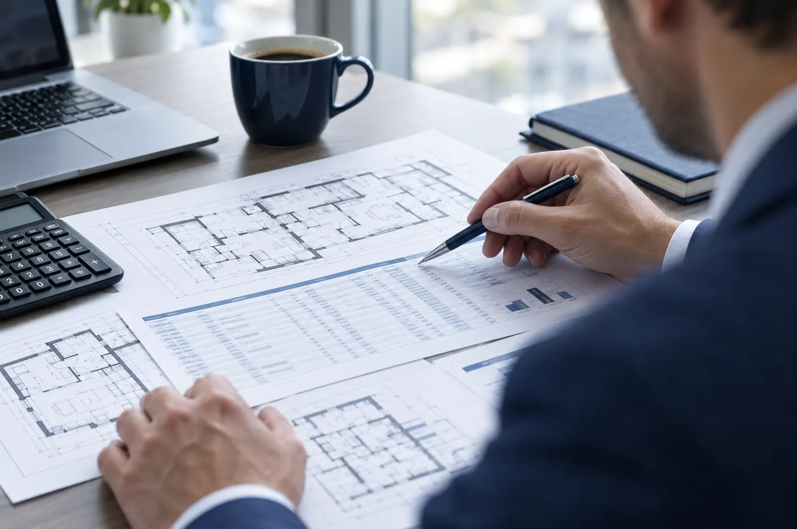 A schedule of figures and floor plans being checked line by line at a desk