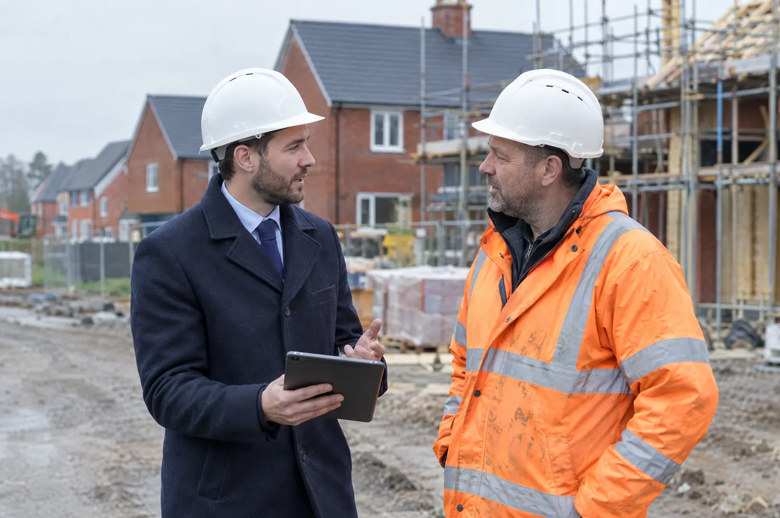 An adviser with a tablet talking to a site manager on a residential building site
